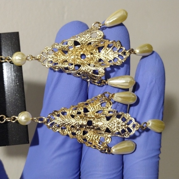 Women's Gold-tone Filigree Design 3.5" Long Beaded Drop Dangle Earrings, #3 - Picture 3 of 6